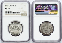 Latvia 2 Lati 1925 Obverse: Arms with supporters. Reverse: Value and date within wreath. Edge Description: Milled. Silver. KM 8. NGC MS 64