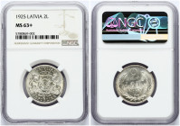 Latvia 2 Lati 1926 Obverse: Arms with supporters. Reverse: Value and date within wreath. Edge Description: Milled. Silver. KM 8. NGC MS 63 +