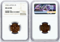 Latvia 2 Santimi 1926 Obverse: National arms above ribbon. Reverse: Value and date. Edge Description: Plain. Bronze. KM 2. NGC MS 64 RB ONLY 5 COINS I...