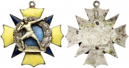 Latvia Sport Badge (20th Century) Jelgava. P. Fridrichsons. Bronze Silvered. Silver Gilding. Enamel. Weight approx: 7.89g. Diameter: 33x31 mm.