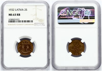 Latvia 2 Santimi 1932 Obverse: National arms above ribbon. Reverse: Value and date. Edge Description: Plain. Bronze. KM 2. NGC MS 63 RB