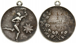Latvia Sport Badge 1934. 15. L.A.P I 1934. Brass Silvered. Weight approx: 10.95g. Diameter: 32x28 mm