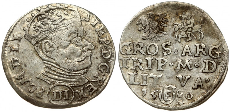 Lithuania 3 Groszy 1580 Vilnius. Stephen Bathory(1576–1586). Obverse: Crowned bu...