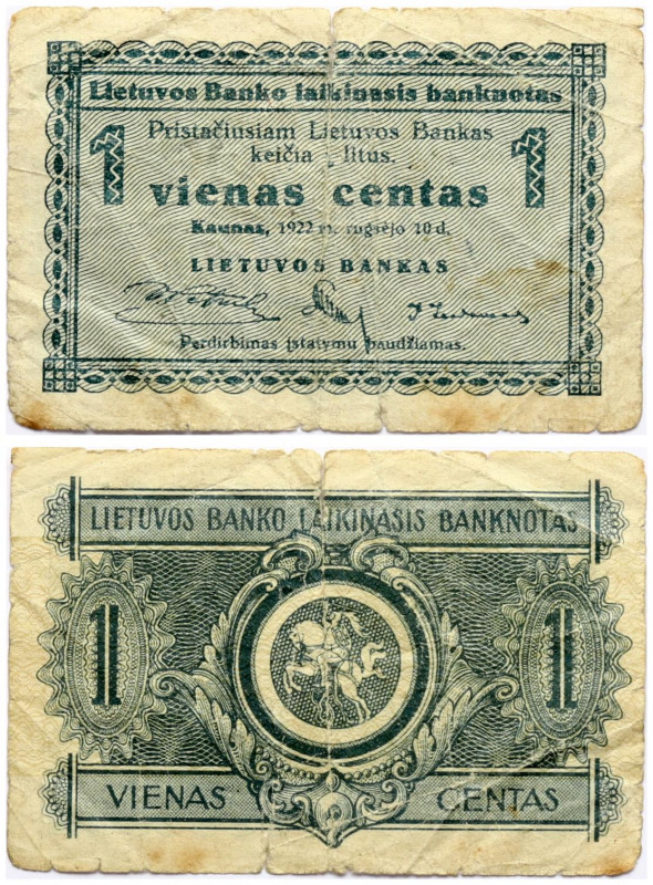 Lithuania 1 Centas 1922 Banknote. Obverse: Denomination. Lettering: 1 Vienas Cen...