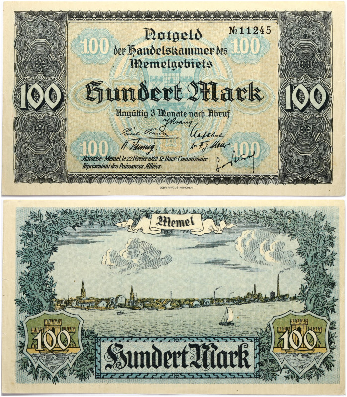 Lithuania Memel Territory 100 Mark 1922 Banknote. Obverse Lettering: Notgeld der...