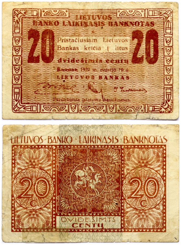 Lithuania 20 Centų 1922 Banknote. Obverse: Denomination. Lettering: 20 Dvidešimt...