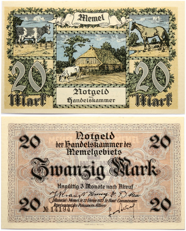 Lithuania Memel Territory 20 Mark 1922 Banknote. Obverse Lettering: Notgeld der ...