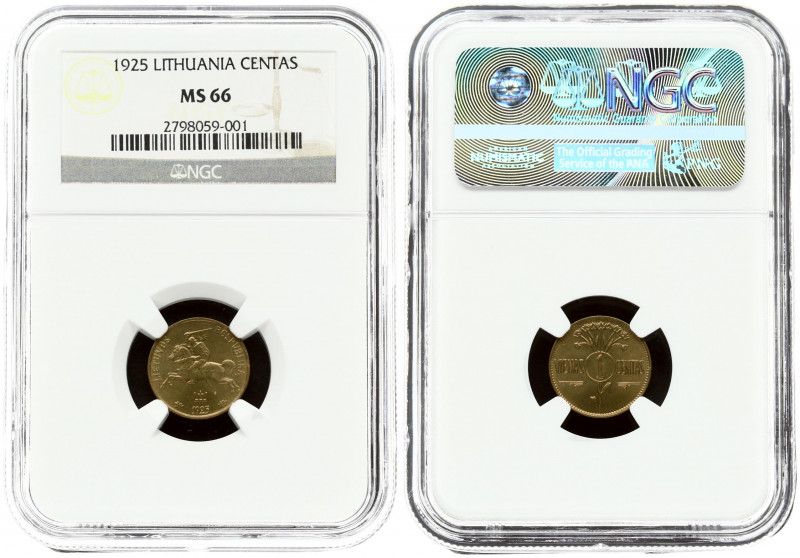 Lithuania 1 Centas 1925 Obverse: National arms. Reverse: Value within circle div...