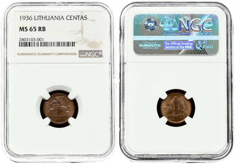 Lithuania 1 Centas 1936 Obverse: National arms. Reverse: Large value with oat sp...