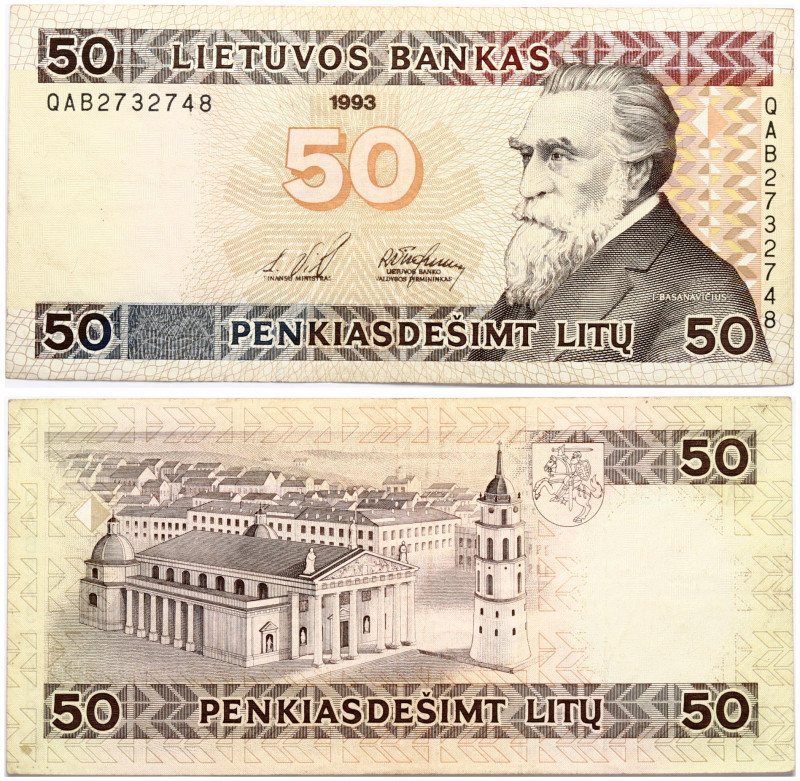 Lithuania 50 Litų 1993 Banknote. Obverse Lettering: LIETUVOS BANKAS penkiasdešim...