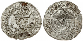 Poland 1 Solidus 1586 Olkusz. Stefan Batory (1576–1586) Crown coins Solidus 1586; Olkusz; I-D iters on the sides of the monogram; letters N-H on the s...