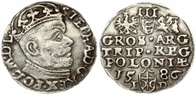 Poland 3 Groszy 1586 Olkusz Stephen Bathory(1576–1586). Oberse: Crowned bust. Reverse: Value and armorial above legend; date and mintmaster. Silver. I...