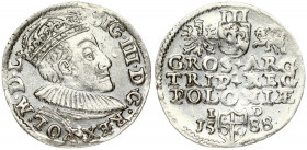 Poland 3 Groszy 1588 Olkusz. Sigismund III Vasa (1587-1632). Obverse: Crowned bust right. Reverse: Value; divided date; symbols and two-line inscripti...