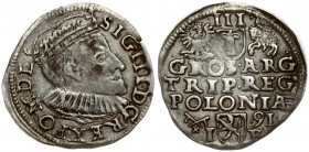 Poland 3 Groszy 1591 Poznan. Sigismund III Vasa (1587-1632). Obverse: Crowned bust right. Reverse: Value; divided date; symbols and two-line inscripti...