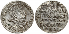 Poland 3 Groszy 1601 Krakow Sigismund III Vasa (1587-1632). Obverse: Crowned bust right. Reverse: Value; divided date; symbols and two-line inscriptio...