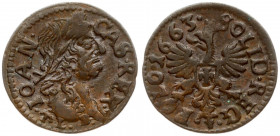 Poland 1 Solidus 1663 TLB John II Casimir Vasa (1649–1668). Obverse: Bust right. Reverse: Crowned eagle with shield on breast. Copper. KM 110