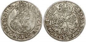 Poland 6 Groszy 1666 AT John II Casimir Vasa (1649–1668). Obverse: Large crowned bust right in linear circle. Reverse: Crown above three shields. Silv...
