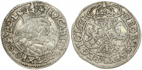 Poland 6 Groszy 1667 AT John II Casimir Vasa (1649–1668). Obverse: Large crowned bust right in linear circle. Reverse: Crown above three shields. Silv...
