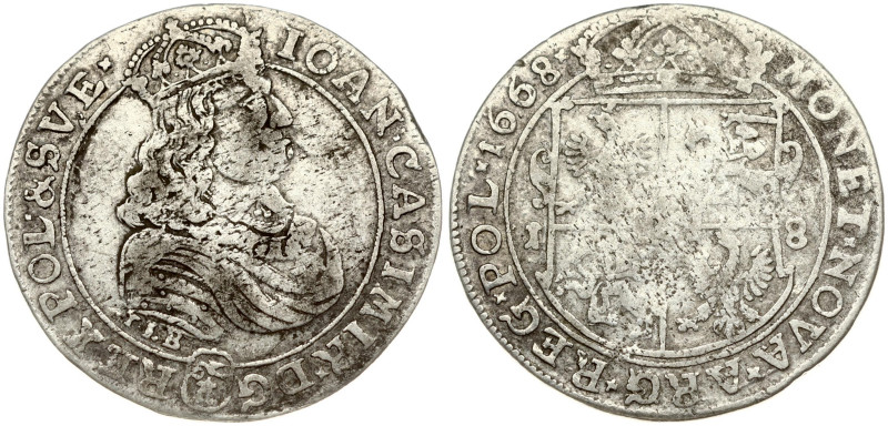 Poland 18 Groszy 1668 TLB Bydgoszcz. John II Casimir Vasa (1649–1668). Obverse: ...