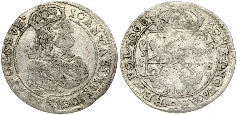 Poland 18 Groszy 1668 TLB John II Casimir Vasa (1649–1668). Obverse: Crowned por...