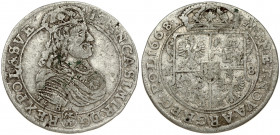 Poland 18 Groszy 1668 TLB John II Casimir Vasa (1649–1668). Obverse: Crowned portrait bust right. Reverse: Crowned shield. Silver. KM A94