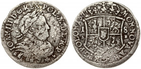 Poland 18 Groszy 1677 SB John III Sobieski(1674-1696). Obverse: Laureate armored bust right. Reverse: Crowned shield; 18 flanking shield. Silver. KM 1...