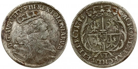 Poland 6 Groszy 1755 EC August III(1733-1763). Obverse: Large crowned bust right. Reverse: Crowned arms within sprigs; VI below. Silver. Old patina. K...