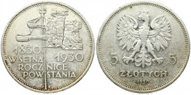 Poland 5 Zlotych 1930(w) Centennial of 1830 Revolution. Obverse: Crowned eagle with wings open flanked by value. Reverse: Pole with flag and banner di...