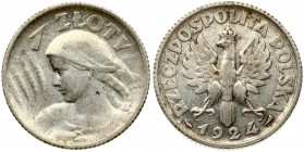 Poland 1 Zloty 1924 (Paris). Obverse: Crowned eagle with wings open. Reverse: Bust left. Edge Description: Reeded. Small Scratches. Silver. Y 15