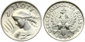 Poland 1 Zloty 1925 (London) Obverse: Crowned eagle with wings open. Reverse: Bust left. Edge Description: Reeded. Silver. Y 15