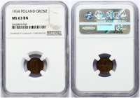 Poland 1 Grosz 1934(w) Obverse: Crowned eagle with wings open. Reverse: Stylized value. Bronze. Y 8a. NGC MS 63 BN