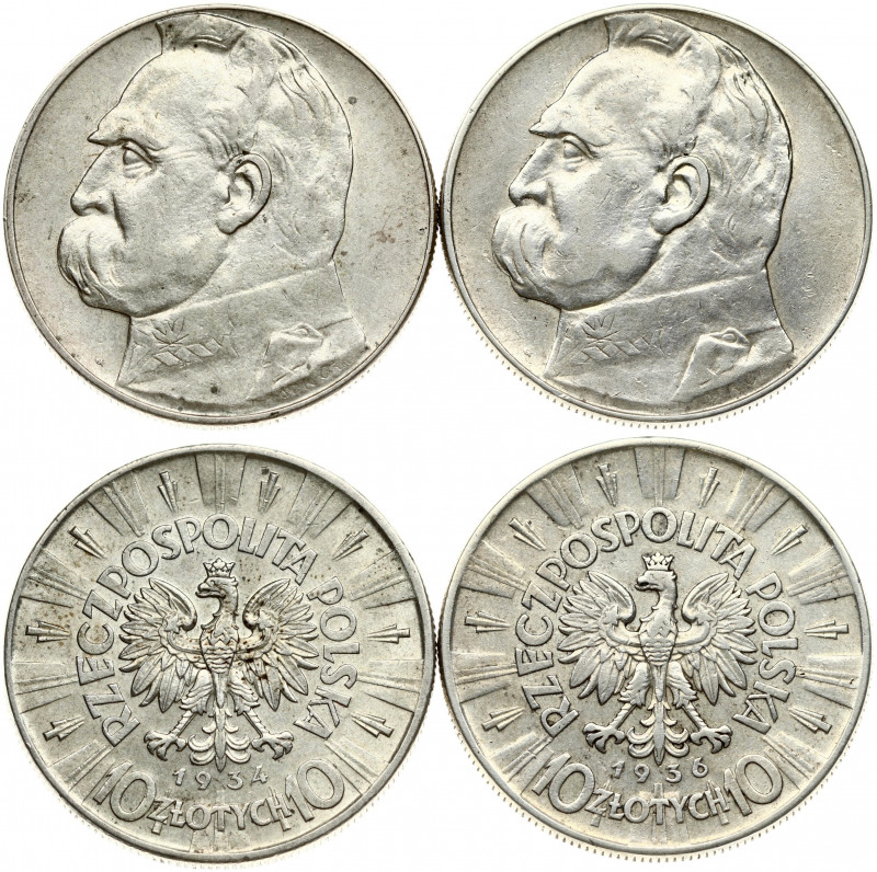 Poland 10 Zlotych 1934 & 1936 (w) Obverse: Radiant crowned eagle with wings open...