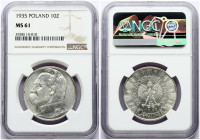 Poland 10 Zlotych 1935(w) Obverse: Eagle with wings open with no symbols below. Reverse: Head of Jozef Pilsudski left. Edge Description: Reeded. Silve...