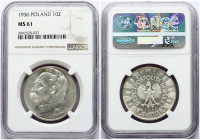 Poland 10 Zlotych 1936(w) Obverse: Eagle with wings open with no symbols below. Reverse: Head of Jozef Pilsudski left. Edge Description: Reeded. Silve...