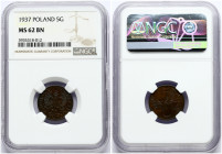Poland 5 Groszy 1937(w) Obverse: Crowned eagle with wings open. Reverse: Stylized value. Bronze. Y 10a. NGC MS 62 BN
