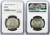 Poland 10 Zlotych 1939(w) Obverse: Eagle with wings open with no symbols below. Reverse: Head of Jozef Pilsudski left. Edge Description: Reeded. Silve...