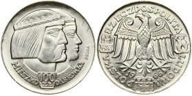 Poland 100 Zlotych 1966 Polish Millennium Trial Strike. Obverse: Eagle with wings open. Reverse: Conjoined heads right. Silver. Small Scratch. KM Pr14...