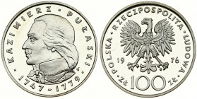 Poland 100 Zlotych 1976MW Kazimierz Pulaski. Obverse: Imperial eagle above value. Reverse: Head of Kazimierz Pulaski left. Silver. Y 84