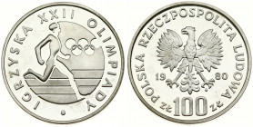 Poland 100 Zlotych 1980MW Olympic. Obverse: Imperial eagle above value. Reverse: Olympic rings and runner. Silver. Y 109