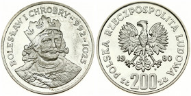Poland 200 Zlotych 1980MW King Boleslaw I Chrobry. Obverse: Imperial eagle above value. Reverse: King Boleslaw I Chrobry. Silver. Y 115