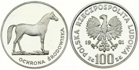 Poland 100 Zlotych 1981MW Horse. Obverse: Imperial eagle above value. Reverse: Horse right. Silver. Y 126