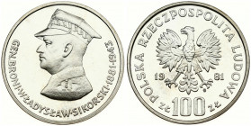 Poland 100 Zlotych 1981MW Broni Wladyslaw Sikorski. Obverse: Imperial eagle above value. Reverse: General Broni Wladyslaw Sikorski left. Silver. Y 123
