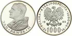 Poland 1000 Zlotych 1983 W Visit of Pope John Paul II. Obverse: Imperial eagle above value. Reverse: Bust left. Silver. Y 144