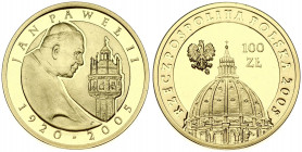 Poland 100 Zlotych 2005MW Pope John Paul II. Obverse: St. Peters Basilica dome. Reverse: Pope John Paul II and baptismal font. Edge Description: Plain...