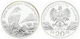 Poland 20 Zlotych 2008 MW Obverse: National arms. Obverse Legend: RZECZPOSPOLITA POLSKA. Reverse: Peregrine Falcon by 2 chicks in nest at right. Rever...