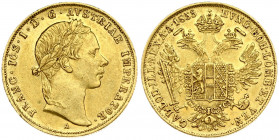 Austria 1 Ducat 1855A Franz Joseph I(1848-1916). Obverse: Laureate head right. Reverse: Crowned imperial double eagle. Gold 3.46g. Small Scratches. KM...