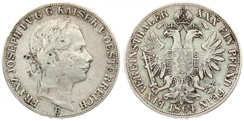 Austria 1 Thaler 1864 B Franz Joseph I(1848-1916). Obverse: Laureate head right....