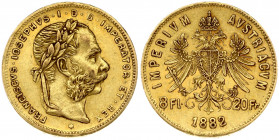 Austria 8 Florins-20 Francs 1882 Franz Joseph I(1848-1916). Obverse: Laureate head right; heavy whiskers. Reverse: Crowned imperial double eagle divid...