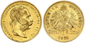 Austria 8 Florins-20 Francs 1884 Franz Joseph I(1848-1916). Obverse: Laureate head right; heavy whiskers. Reverse: Crowned imperial double eagle divid...