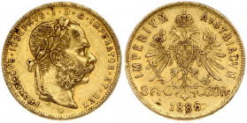 Austria 8 Florins-20 Francs 1886 Franz Joseph I(1848-1916) Obverse: Laureate head right; heavy whiskers. Reverse: Crowned imperial double eagle divide...